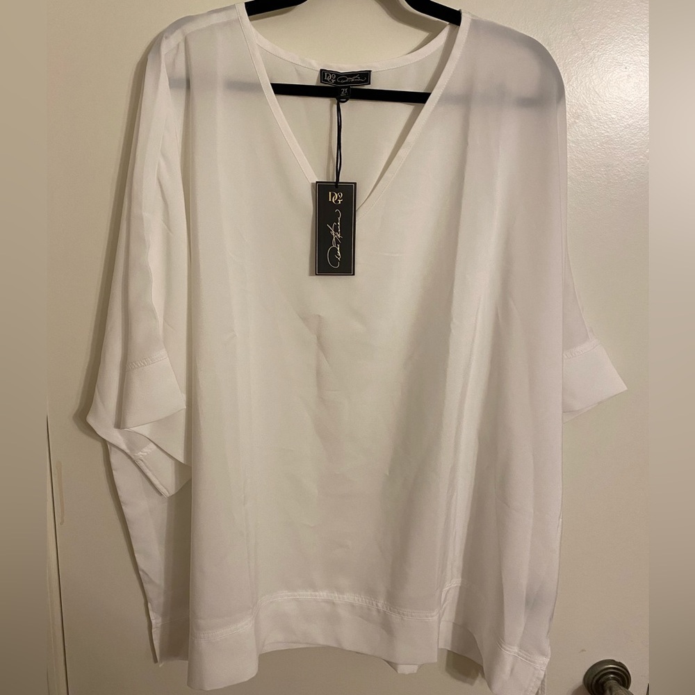 DG2 by Diane Gilman Woven V-neck Dolman Sleeve Top - WHITE - size 2X